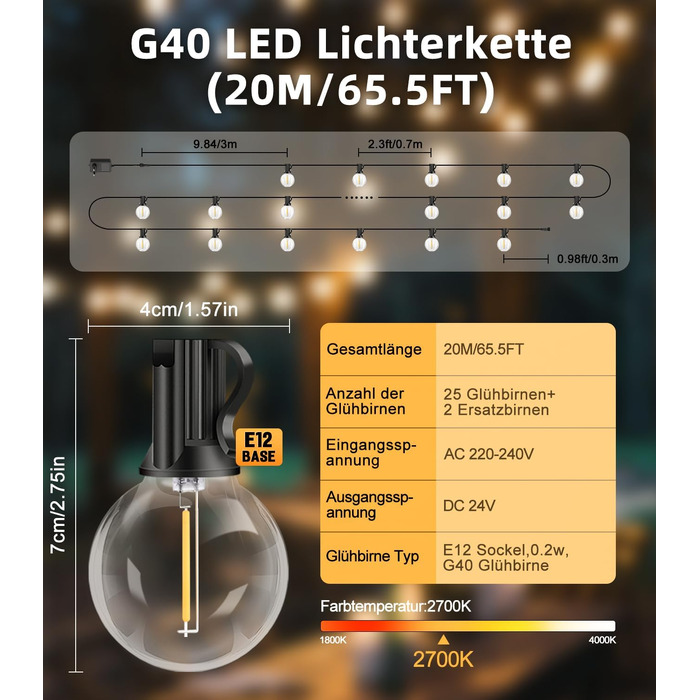 LED гірлянда вулична 30м G40, 100 ламп, водонепроникна, живлення від мережі