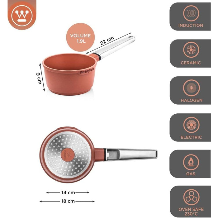 Сотейник Westinghouse PERFORMANCE SERIES 18 см, індукційний, для всіх типів плит, з ручкою Cool Touch, червоний