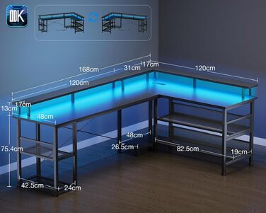 Ігровий кутовий стіл ODK з LED-підсвіткою та USB-портом, 168×120 см, вуглецеве волокно, чорний