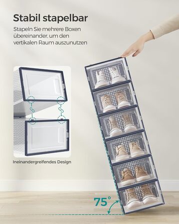 Набір з 12 прозорих та антрацитово-синіх коробок для взуття SONGMICS, органайзер для взуття з пластику, складаний і штабельований, для взуття до 44 розміру (31,2×22,5×13,5 см)