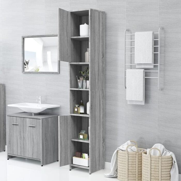 Високий шафа для ванної vidaXL, 6 відділень, 2 дверцята, сірий sonoma, ДСП