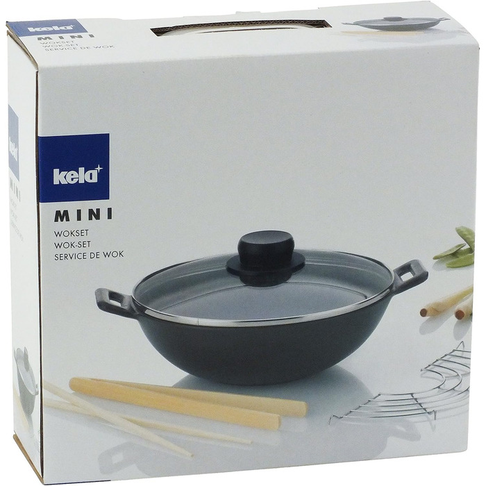 Wok Kela 24 см з кришкою, решіткою, паличками, чавунний, для індукції, набір Mini