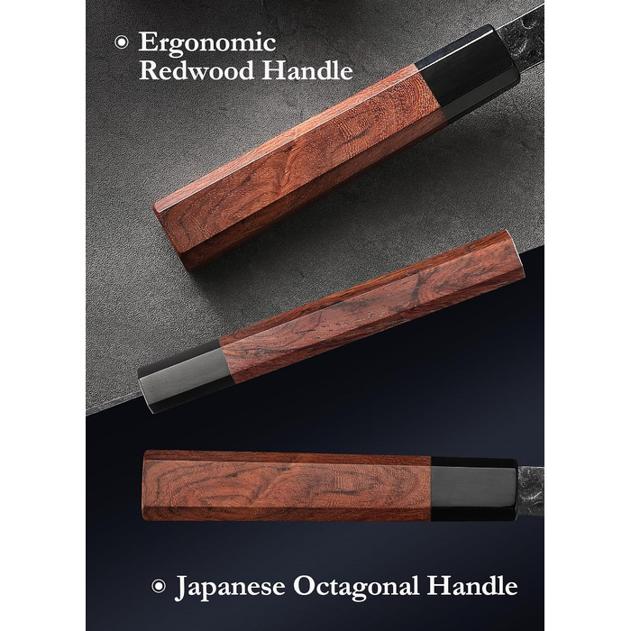 Професійний японський ніж Kiritsuke HEZHEN 21,5 см, кухонний ніж із тришарової дамаської сталі з восьмигранною ручкою з червоного дерева та дерев'яним чохлом