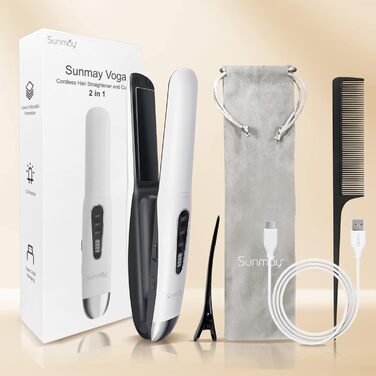 Бездротовий міні-випрямляч для волосся SUNMAY Voga Mini 2-в-1: випрямляч і плойка, USB-зарядка, акумулятор 5000 мА·год, 3 температури, для подорожей, білий