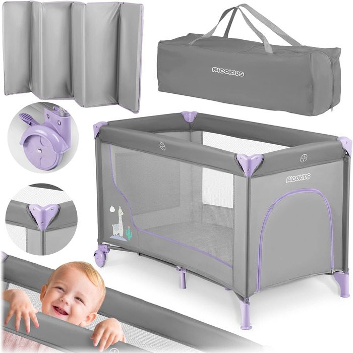 Дитяче ліжечко-манеж Ricokids, складане, 125x65x78 см, 15 кг, з матрацом і колесами, бічний вхід, світло-сірий та лавандовий