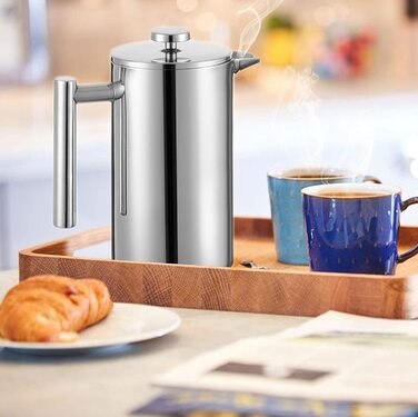 Френч-прес MeelioCafe з нержавіючої сталі, 650 мл, подвійні стінки, термоізольований, для кави та чаю, сріблястий