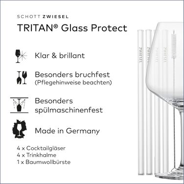 Набір коктейльних келихів SCHOTT ZWIESEL After Work Drinks: 4 склянки з Tritan-кришталю, 4 скляні трубочки та щітка для чищення, стійкі до миття в посудомийній машині, Made in Germany