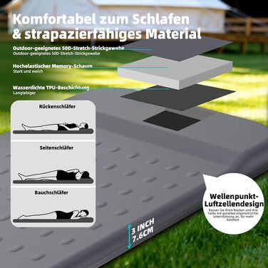 Самонадувний кемпінговий матрац KASIMO з ефектом пам'яті (Memory Foam), R-Value 9.5, потовщена туристична підстилка з подушкою для намету, авто та подорожей, сірий, одномісний