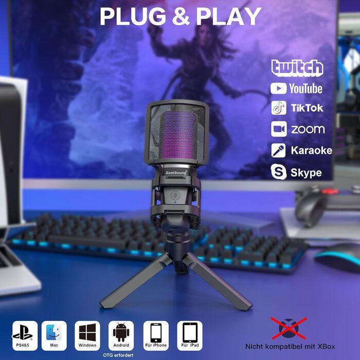 Ігровий USB-мікрофон Zealsound для ПК, стрімінгу, подкастів, студії, з адаптером Type-C, RGB-підсвіткою, кнопкою вимкнення звуку, штативом, поп-фільтром, антивібраційним кріпленням і виходом для навушників, сумісний з PS4, PS5, Mac, смартфонами