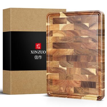 Дерев'яний обробний дошка XINZUO з акації (35x25x2.6 см) - обробна дошка для кухні з антиковзкими ніжками, ручкою та канавкою для соку, практичний аксесуар для кухні