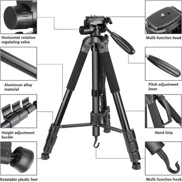 Neewer портативний штатив 177 см з алюмінію з 3D головкою для DSLR камер, чорний