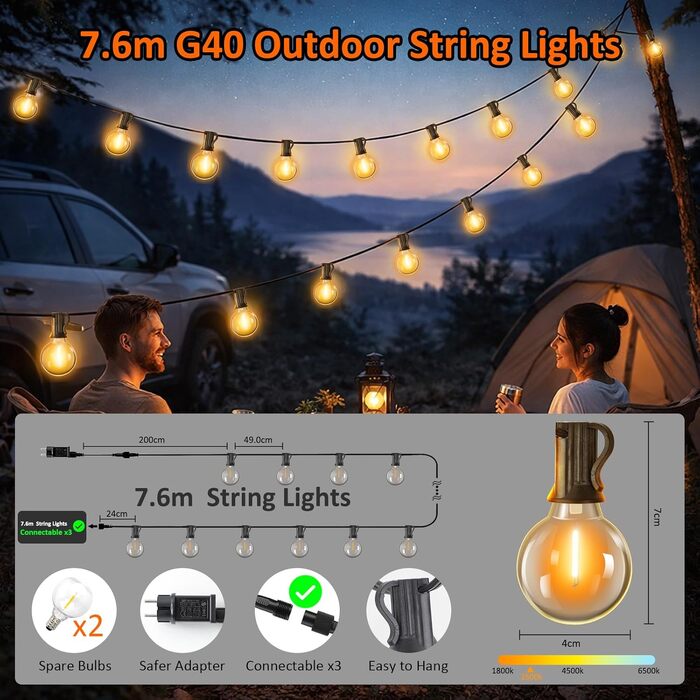 LED гірлянда Kangtaixin для вулиці з таймером, 75+3 лампочки G40, 4 режими, димер, водонепроникна, 7.6м, теплий білий
