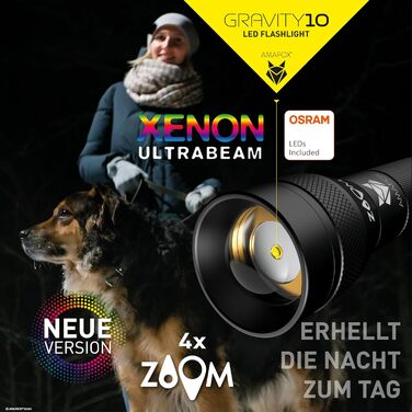 Ліхтарик AMAFOX G10-1000 люмен OSRAM XENON Power-LED, надяскравий, з регулюванням яскравості та зумом, працює на 4x AA батарейках