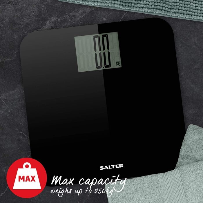 Електронна ваги для ванної Salter 9049 BK3R, 250 кг, велика платформа, точне вимірювання, Step-On технологія, чорна