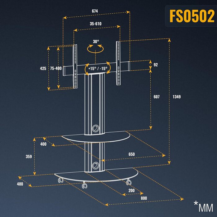 Універсальна підставка для телевізора RICOO FS0502 на колесах, регульована висота, для 30-55 дюймів, VESA 600x400 мм, до 30 кг