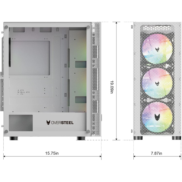 Oversteel Azurite ігровий корпус для ПК, білий, ATX/Micro ATX/ITX, 4 вентилятори 120 мм A-RGB, сітчаста передня панель, загартоване скло, USB 3.0, вертикальний монтаж