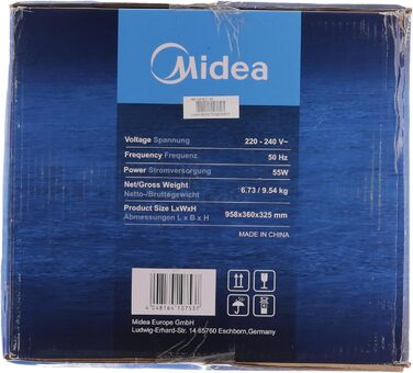 Мобільний кондиціонер Midea з водяним охолодженням, іонізацією та зволоженням, з резервуаром для води 5 л, 355 м³/год, без повітроводу, пульт, 55 Вт, білий