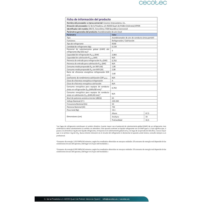 Мобільний кондиціонер Cecotec ForceClima 7100 7000 BTU з LED дисплеєм, 4 режими, 2 швидкості, охолодження до 15 м² (пульт ДУ + сенсор + APP)