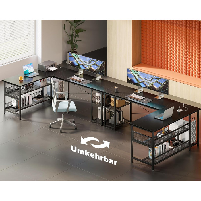Кутовий комп'ютерний стіл ODK, L-подібний, з розетками і USB, чорний, 168×120 см, з великим простором для зберігання