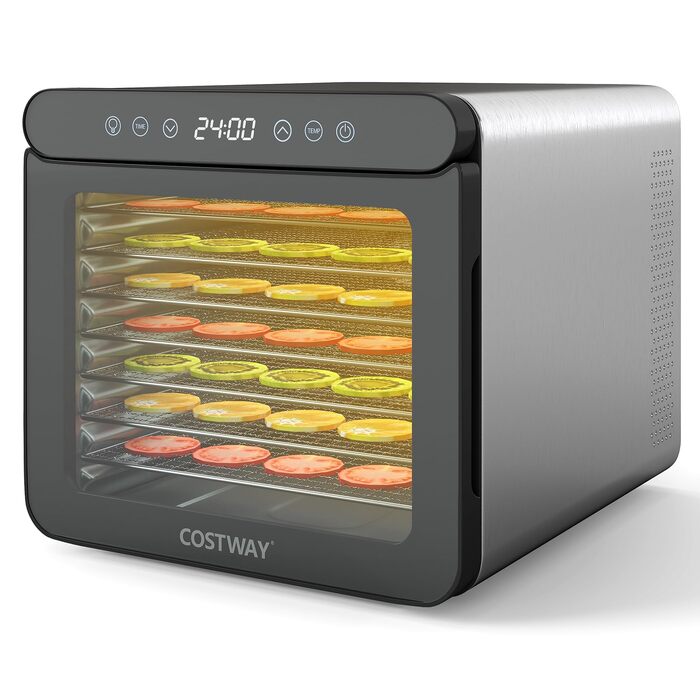 Дегідратор COSTWAY 600W з 7 stainless-steel лотками, сушарка для овочів, фруктів та м'яса з таймером на 24г та регулюванням температури 30-75°C