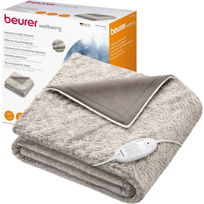 Електрична плед-грілка Beurer HD 75 Nordic, 180x130 см, 6 режимів, автоматичне вимкнення, машинне прання, м'яка, бежево-коричнева, під хутро