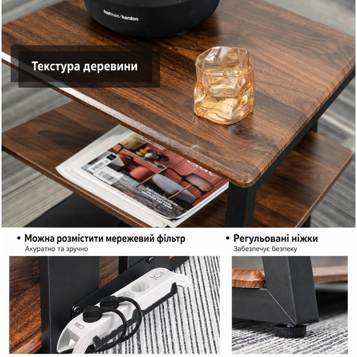 Стійка для HiFi апаратури FITUEYES з дерева та сталі, стіл для програвача з регульованою полицею, тумба для програвача та стереосистем, 61x52x78 см, горіх