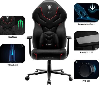 Ігрове крісло Diablo X-Gamer 2.0, тканина, ергономічне, з поперековою подушкою, м'якими підлокітниками, чорне, 128x68x55 см