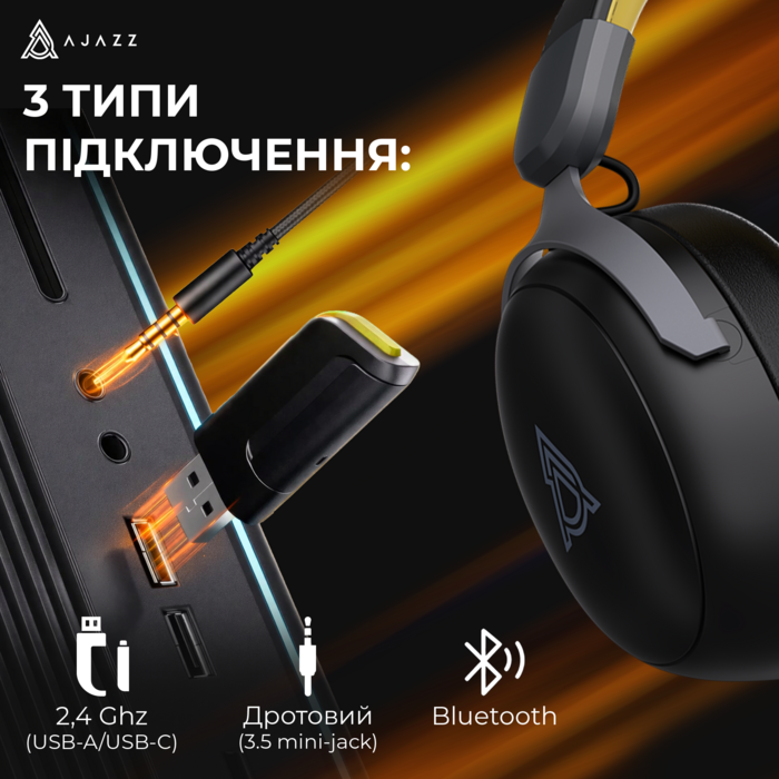 Бездротова ігрова гарнітура Ajazz AHM08 MAX Black Gray Yellow (AHM08-MAX-BGY)