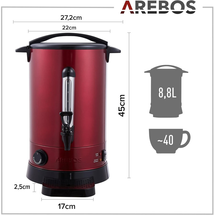 Електричний глінтвейнер Arebos 950 Вт | Дозатор гарячих напоїв | 8,8 л | з піддоном, краном, термостатом та захистом від перегріву | Регулювання температури 30-110°C | Червоний