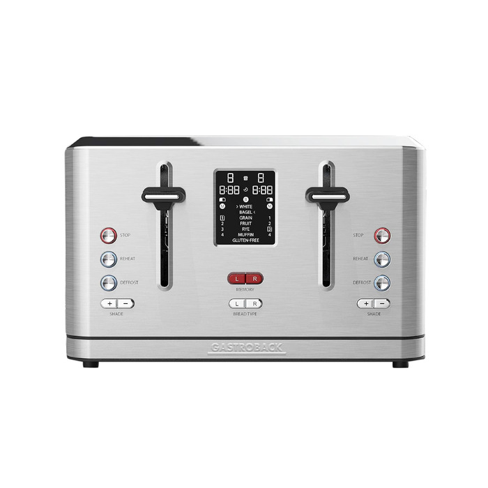 Тостер електричний GASTROBACK Design Toaster Digital 4S, 4 тости, нержавіюча сталь, сріблястий, 7 програм, LCD-дисплей, 950 Вт