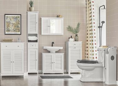SoBuy FRG236-W Високий шафа для ванної кімнати, білий, 32x170x30 см, з відкритою полицею, шухлядою та дверцятами