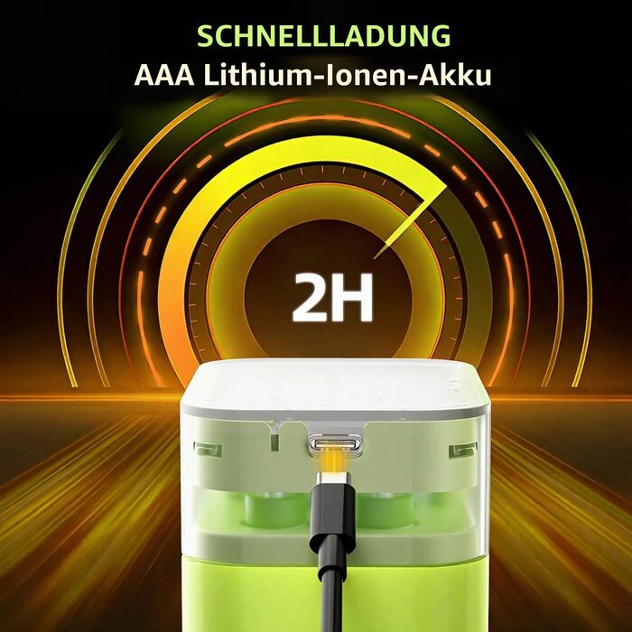 Набір акумуляторів POERUNI AAA 1.5V (8 шт) з USB-C зарядним пристроєм, перезарядні батарейки з швидкою зарядкою, зелені