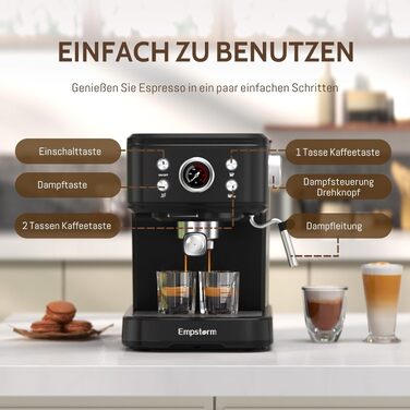 Кавомашина еспресо Empstorm з капучинатором, 20 бар, для меленої кави (Чорна, EM-04E-20Bar)