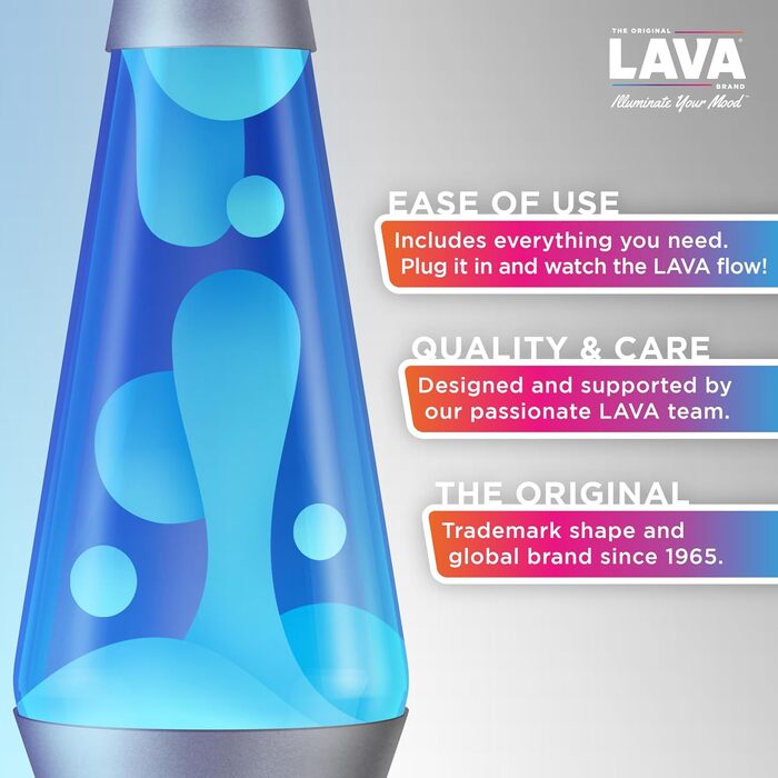 Лава-лампа Lava Lampe 2103 (36,8 см): білий віск, синя рідина, срібляста основа та ковпак — оригінальний нічний світильник для створення атмосфери