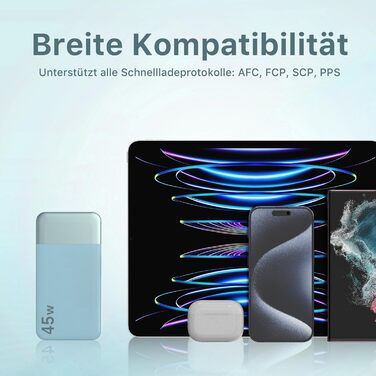 Power Bank Nobis 20000mAh, 45W з кабелем USB-C, Digital Display, для Android, Laptop, Phone (Блакитний)