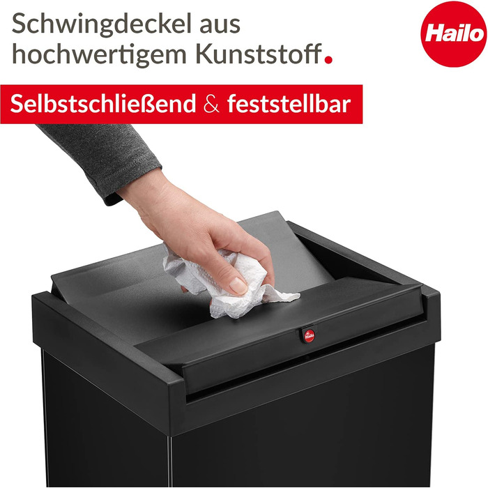 Смітник Hailo Big-Box Swing XL 52 л з автоматичною кришкою, прямокутний, сталевий, для кухні, чорний, Німеччина