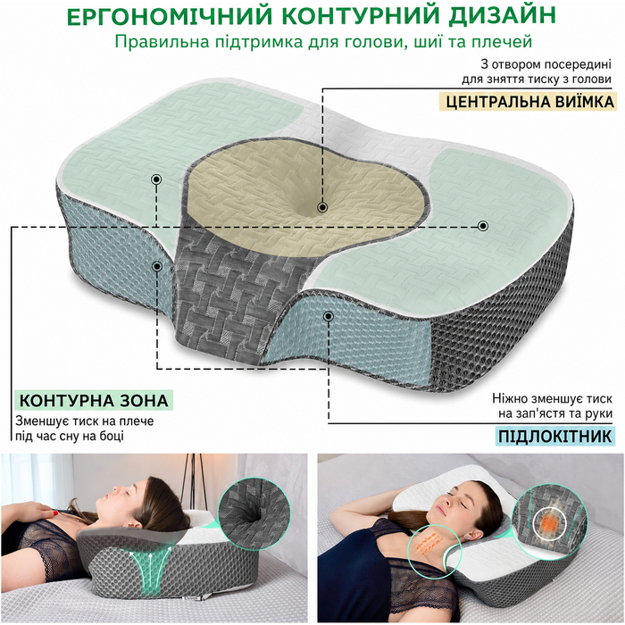 Ортопедична подушка Elviros з пам'яттю форми для шиї та плечей, ергономічна, знімний чохол, для сну на боці, біла, 53,5 x 37,5 x 11,5/14 см