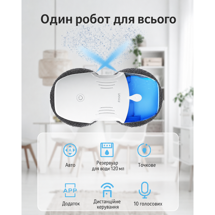 Робот для миття вікон Fmart T10 з автоматичним двостороннім розпиленням, інтелектуальною навігацією, трьома рівнями захисту, дистанційним керуванням, для всіх гладких поверхонь, у комплекті 10 серветок