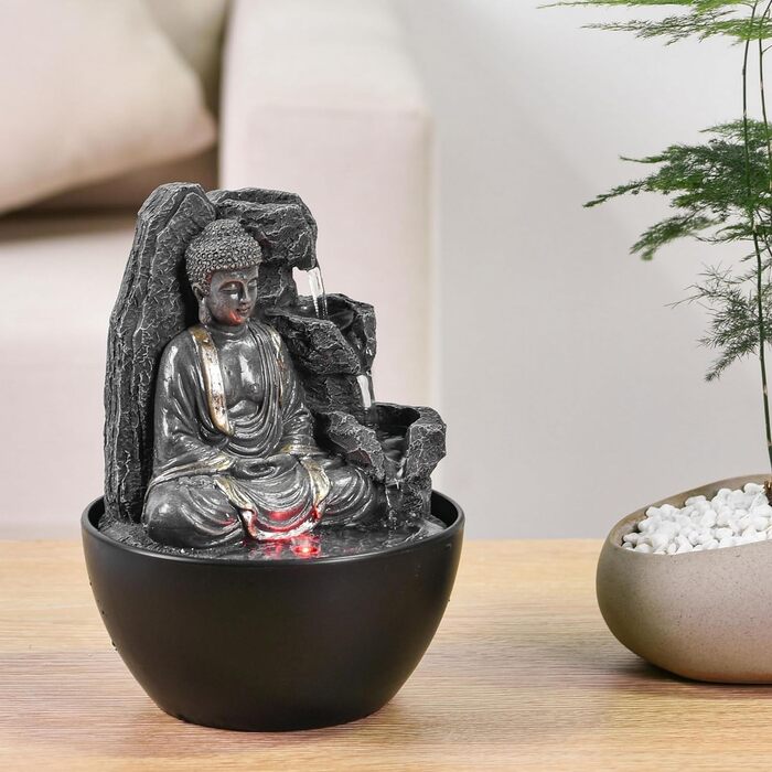 Декоративний кімнатний фонтан Будда з LED-підсвіткою, водоспад, Zen Feng Shui, Revata Zen'Light, 18 см – подарунок для дому, талісман на удачу