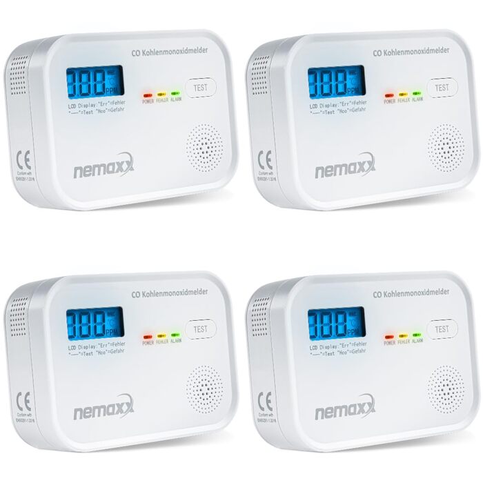 Детектор чадного газу NEMAXX® CM18 з LCD-дисплеєм, електрохімічний сенсор, 85 дБ, стандарт EN 50291-1:2018, термін служби 10 років (набір 4 шт.)