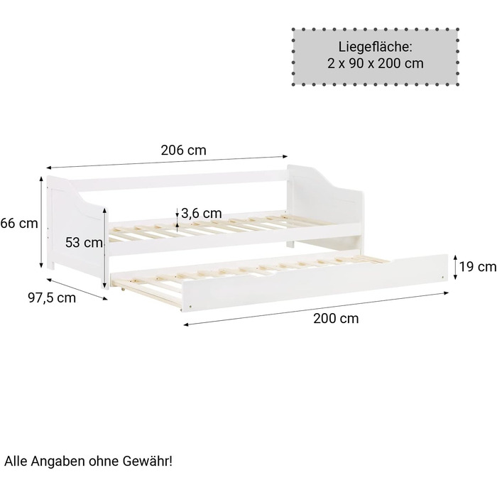 Висувне ліжко Homestyle4u 90x200 з ящиком для зберігання, з ламелями, для дітей, з дерева (сосна), білий