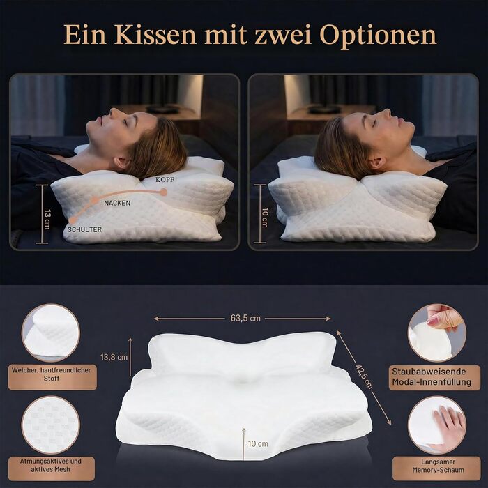 Ортопедична подушка для шиї з ефектом пам'яті Memory Foam, щільність 50D, сіро-біла