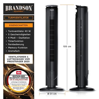 Вентилятор вежний Brandson з пультом, аромадифузором, нічним режимом, таймером, 5 швидкостей, LED дисплей