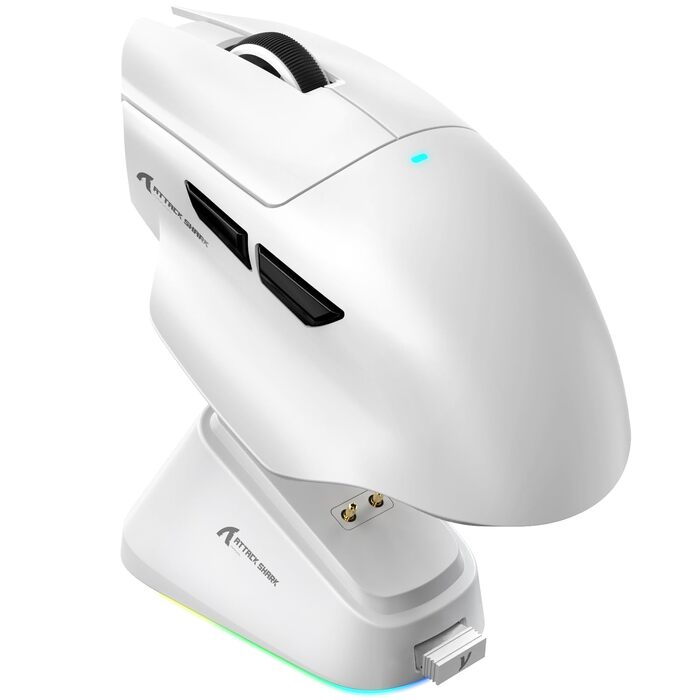 Ігрова миша Attack Shark V6 Superlight 65г з магнітною док-станцією, сенсор PixArt PAW3311, 25000 DPI, 500 мАг, трирежимна (BT/Wireless/Wired), ергономічна, біла