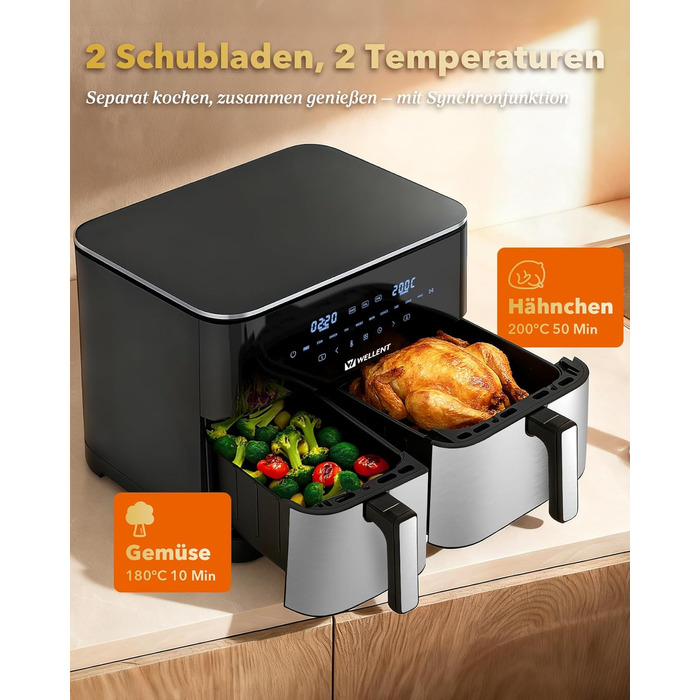 Аерофритюрниця WELLENT Dual Zone XXL 11л (6+6л), 2950W, з двома камерами, вікном перегляду та функцією Match & Sync