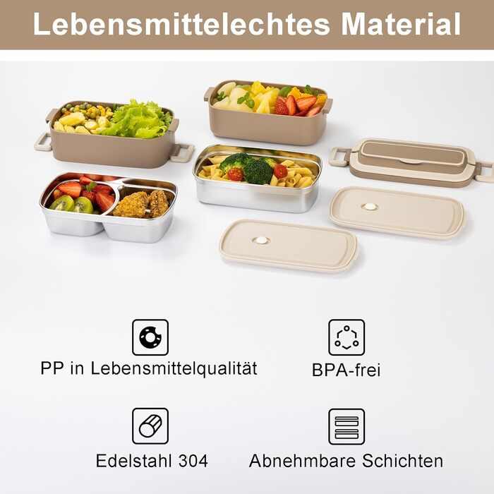 Бенто-бокс Lille Home 1900 мл для дорослих, двоярусний харчовий контейнер із нержавіючої сталі з термоотсіком, ізольована ланч-бокс із сумкою для обіду та суповою чашею, коричневий