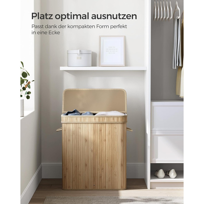 Кошик для білизни SONGMICS з кришкою, 100 л, бамбук, знімний мішок, ручки, натуральний бежевий