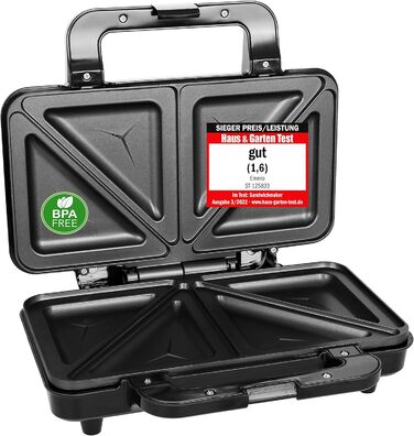 Сендвічниця Emerio на 2 сендвічі, 900 Вт, антипригарне покриття, BPA-free, трикутні сендвічі, швидкий нагрів, чорна, легке очищення