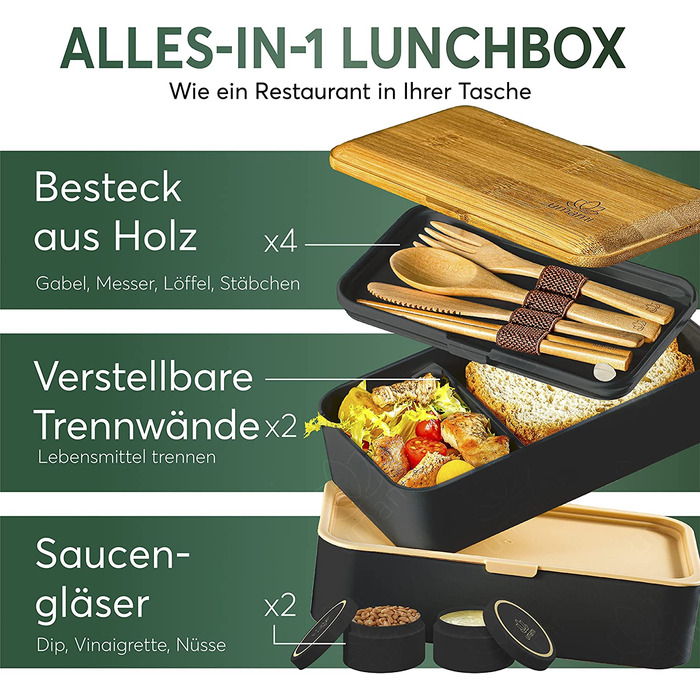 Ланчбокс Umami Bento для дорослих, з соусником і 4 приборами, 2 контейнери для їжі, мікрохвильова піч, посудомийка, морозильник, 1200 мл, чорний і бежевий