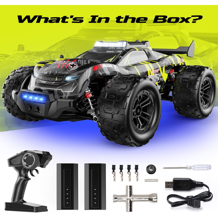 Позашляховик DEERC 1:14 Brushless 4WD, 43 милі/год, з LED підсвіткою, металевими амортизаторами та 2x 7.4V акумуляторами